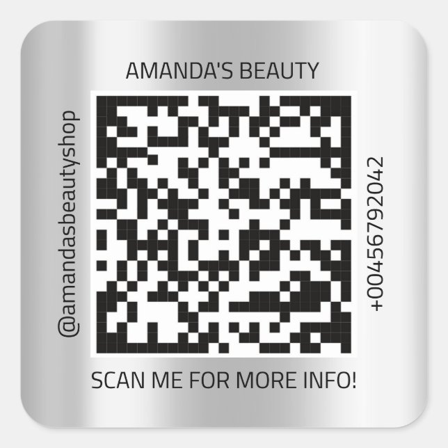 QR Code Promotional Name Contact Web Silver Grey Square Sticker (Front)