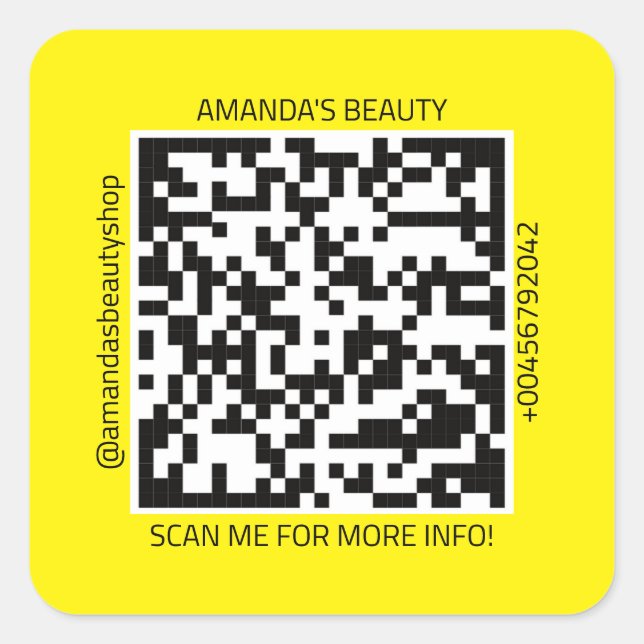 QR Code Promotional Name Contact Web Yellow White Square Sticker (Front)