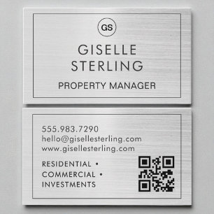 QR Code Property Manager Brushed Silver Monogram  Business Card