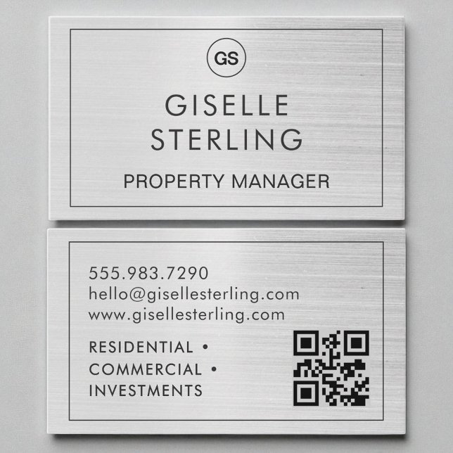QR Code Property Manager Brushed Silver Monogram  Business Card (Creator Uploaded)