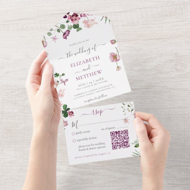 Qr Code Purple and Pink Wedding All In One Invitation (Tearaway)
