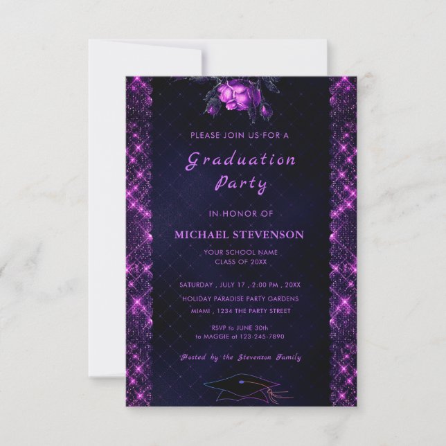 QR Code Purple Black Graduation Party Invitation (Front)