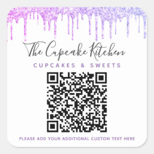 QR Code Purple Glitter Drips Business Name Modern Square Sticker