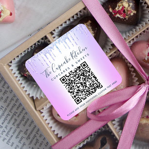 QR Code Purple Glitter Drips Business Name Modern Square Sticker