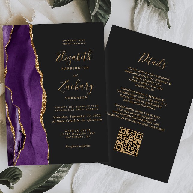 QR Code Purple Gold Agate Dark Wedding Invitation (Creator Uploaded)