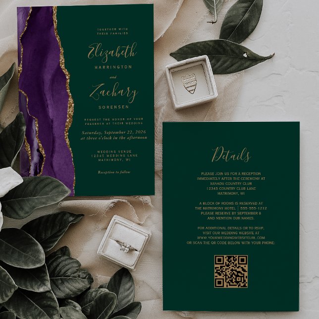 QR Code Purple Gold Agate Emerald Green Wedding Invitation (Creator Uploaded)