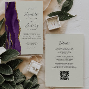 QR Code Purple Gold Agate Ivory Wedding Invitation