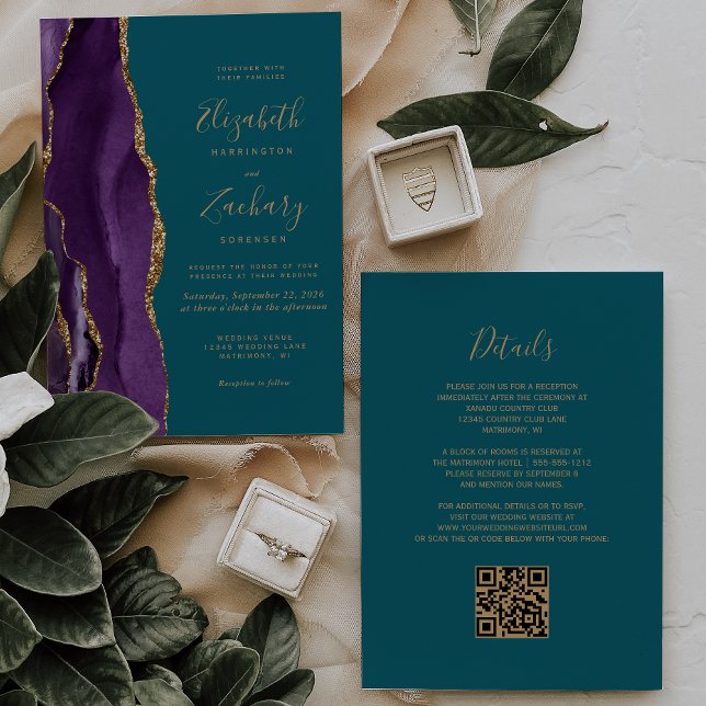 QR Code Purple Gold Agate Teal Wedding Invitation (Creator Uploaded)