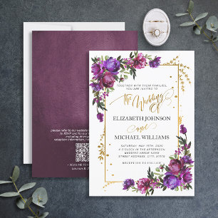 QR Code Purple Hot Pink Floral Gold Script Invitation
