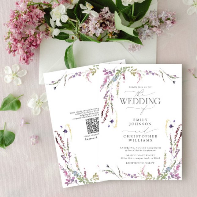 QR Code Purple Wildflower Calligraphy Wedding Invitation (Creator Uploaded)