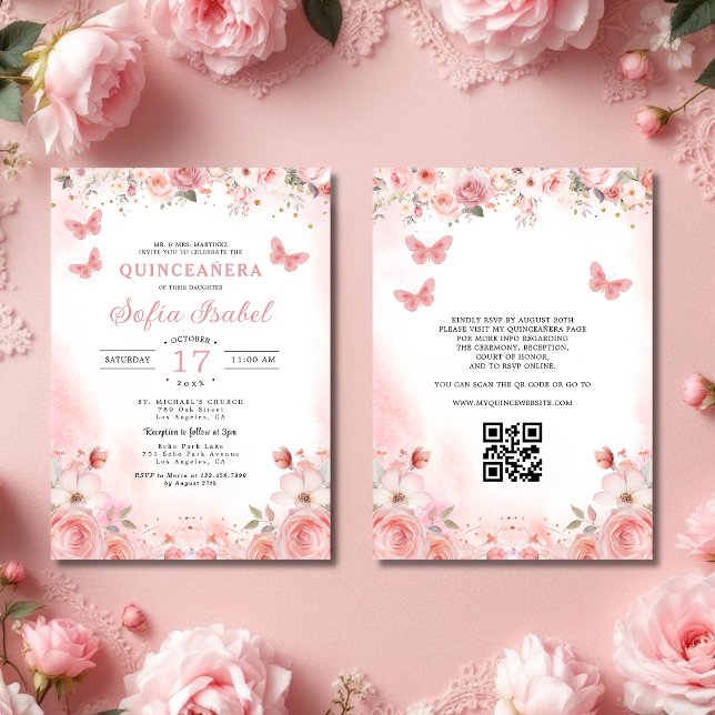 QR Code Quinceañera Blush Pink Rose Floral Invitation (Creator Uploaded)