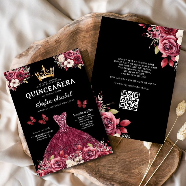 QR Code Quinceanera Floral Burgundy Princess  Invitation (Creator Uploaded)