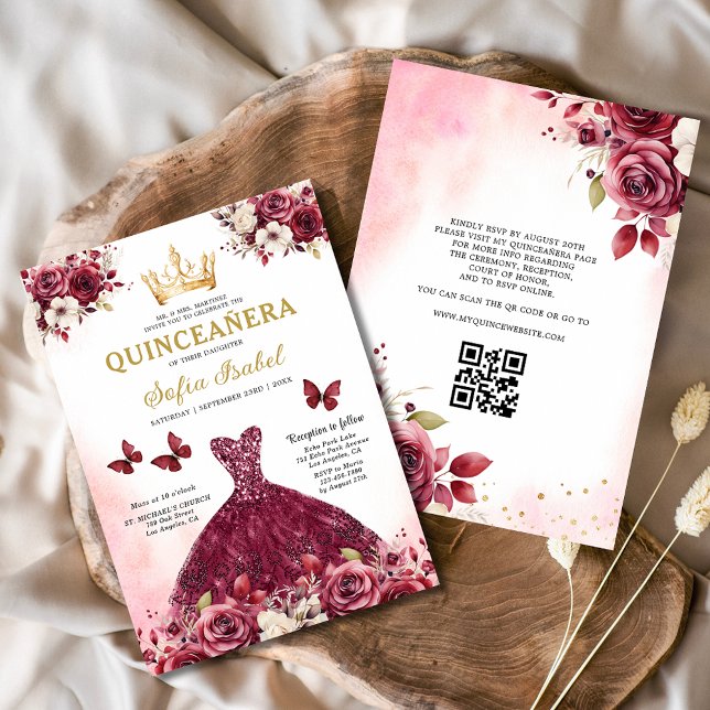 QR Code Quinceanera Floral Burgundy Princess  Invitation (Creator Uploaded)