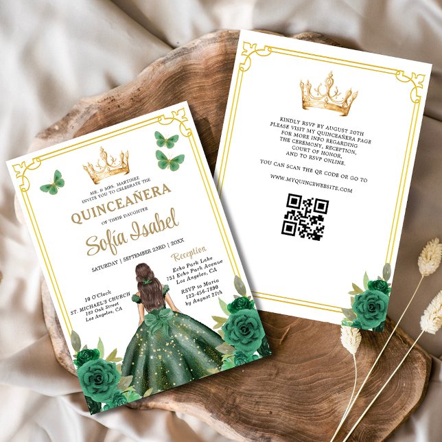 QR Code Quinceanera Floral Emerald Green Gold  Invitation (Creator Uploaded)
