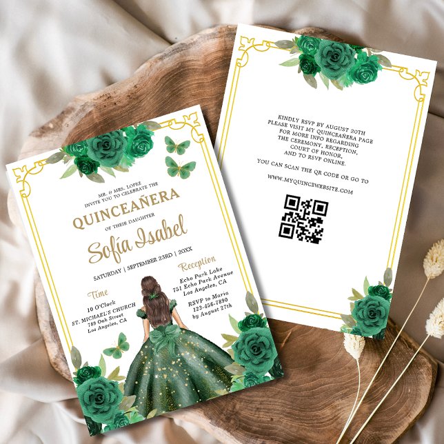 QR Code Quinceanera Floral Emerald Green Gold  Invitation (Creator Uploaded)