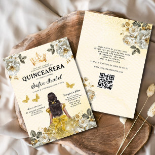 QR Code Quinceanera Floral Gold Princess  Invitation