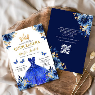 QR Code Quinceanera Floral Royal Blue Princess Invitation