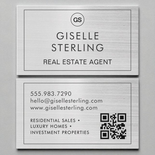 QR Code Real Estate Agent Brushed Silver Monogram  Business Card (Creator Uploaded)