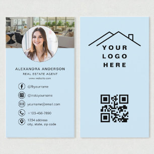 QR Code Real Estate Agent Sky Blue Photo Logo Business Card