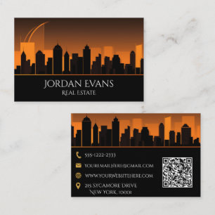 QR Code Real Estate City Skyline Orange and Black Business Card