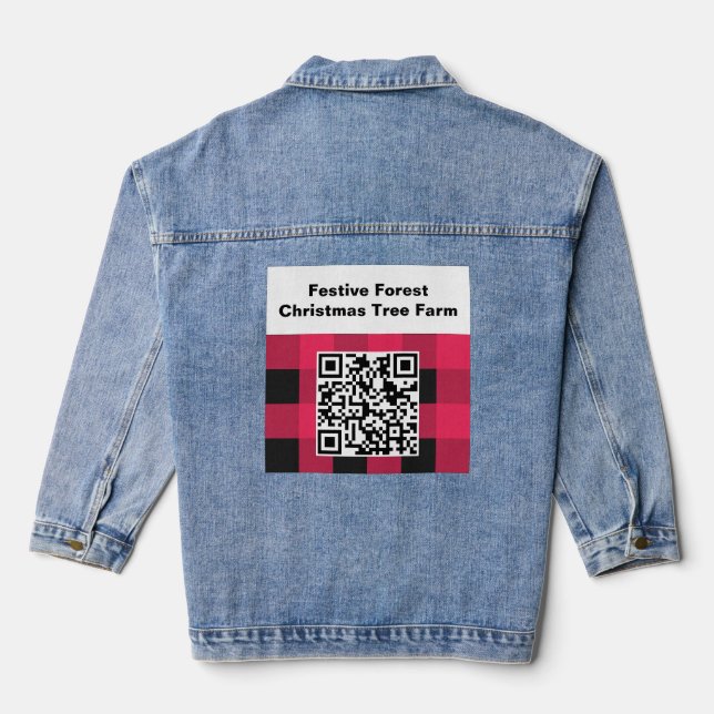 QR Code Red Buffalo Plaid Check Rustic Barcode Denim Jacket (Back)