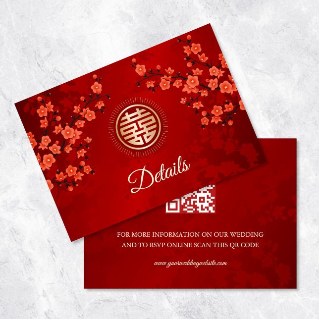 QR Code | Red Cherry Blossom Chinese Wedding Enclosure Card (Creator Uploaded)