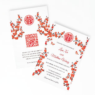 QR Code   Red Cherry Blossom   Chinese Wedding  Invitation