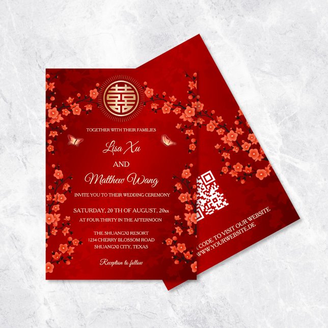 QR Code Red Cherry Blossom | Chinese Wedding Invitation (Creator Uploaded)