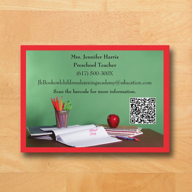 QR Code Red Grade School Preschool Teacher  Business Card (Red Business Card for Teacher )