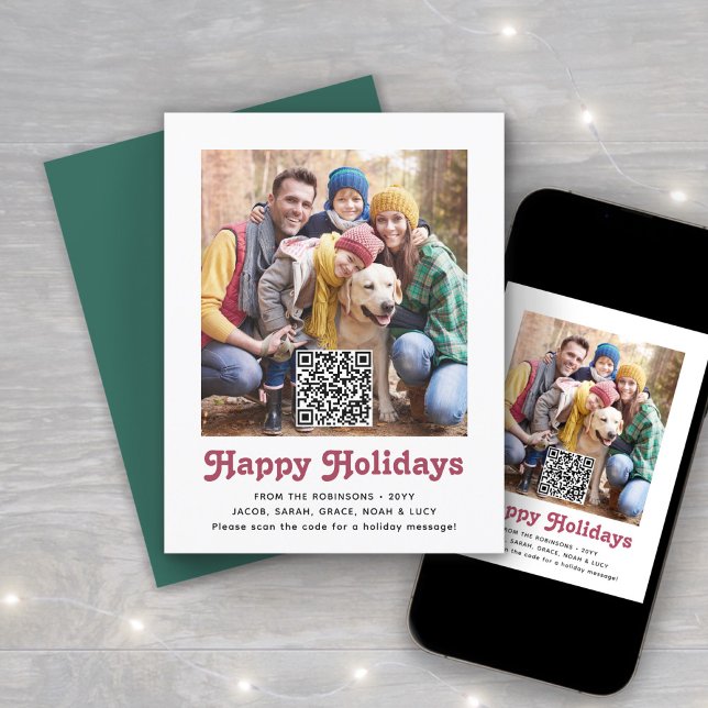 QR Code Red Retro Happy Holidays Simple One Photo Holiday Card (Creator Uploaded)