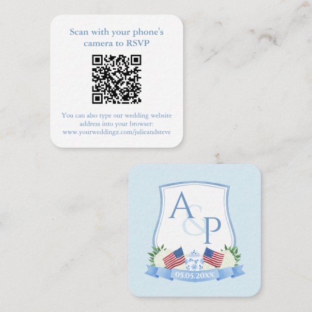 QR Code Red White Blue Monogram Wedding Website Enclosure Card (Front/Back)