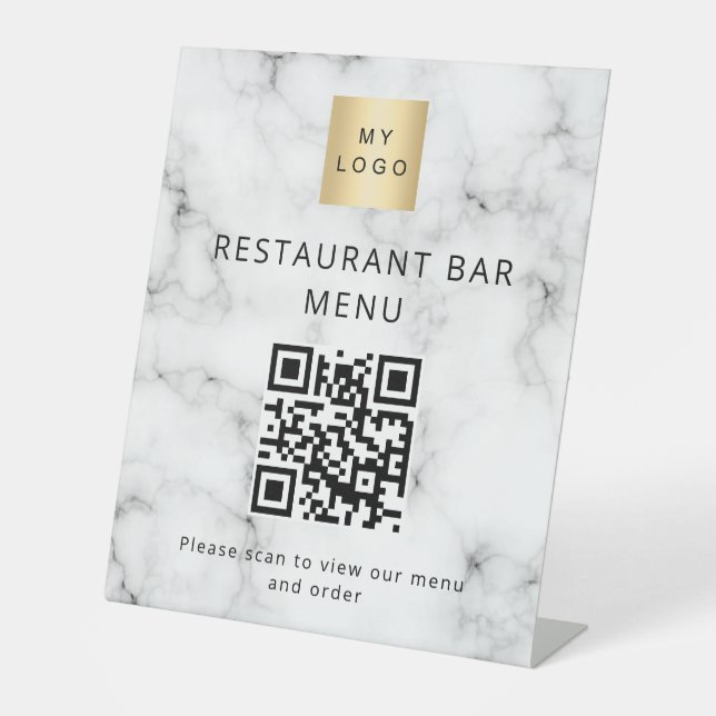 QR code restaurant cafe bar scan menu logo marble Pedestal Sign (Front)