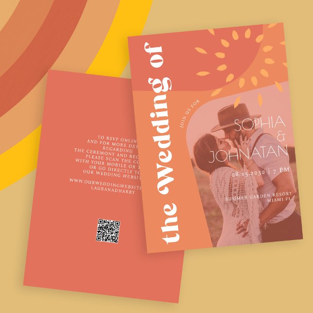 QR code retro burnt orange bold PHOTO rsvp wedding Invitation (Creator Uploaded)