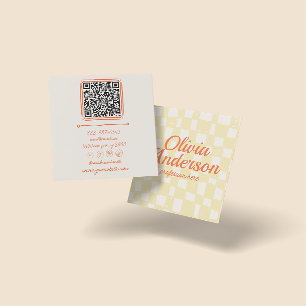 QR Code Retro Colourful Hand Drawn Chequered Groov Square Business Card