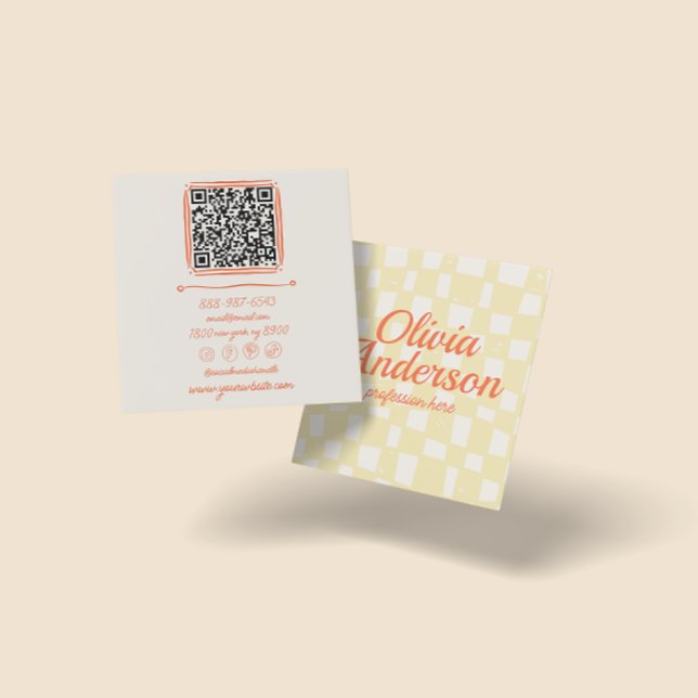 QR Code Retro Colourful Hand Drawn Chequered Groov Square Business Card (Creator Uploaded)