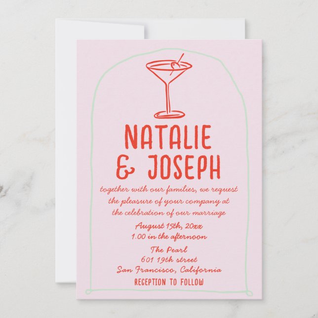 QR Code Retro Colourful Hand Drawn Martini Wedding Invitation (Front)
