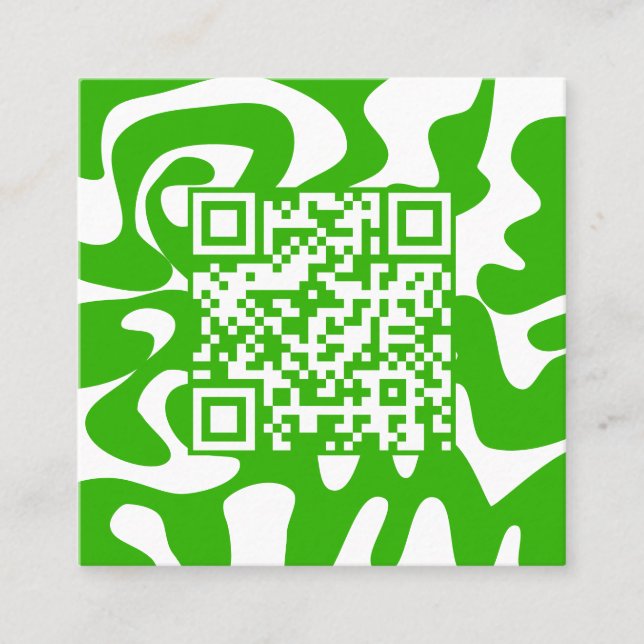 QR Code Retro Groovy Lime Green White Hello Square Business Card (Front)