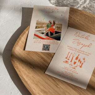 QR Code Retro Hand Drawn Colourful Photo Wedding Invitation