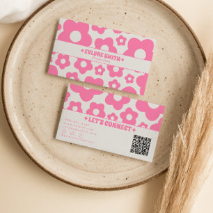 QR Code Retro Pink Groovy Floral Boho Girly Trendy Business Card