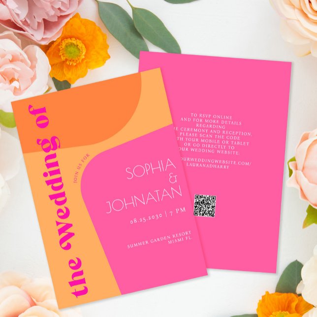 QR code retro pink orange bold all in one wedding Invitation (Creator Uploaded)