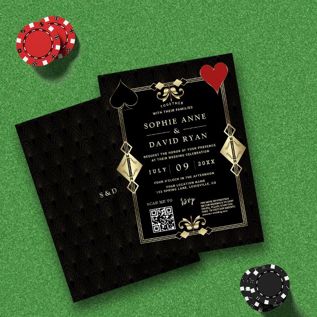 QR Code Roaring 20s Gold Art Deco Wedding  Invitation (Creator Uploaded)