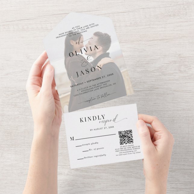 QR Code Romantic Script Black White Photo Wedding All In One Invitation (Tearaway)