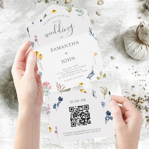 QR Code Romantic Wildflower Typography Wedding All In One Invitation