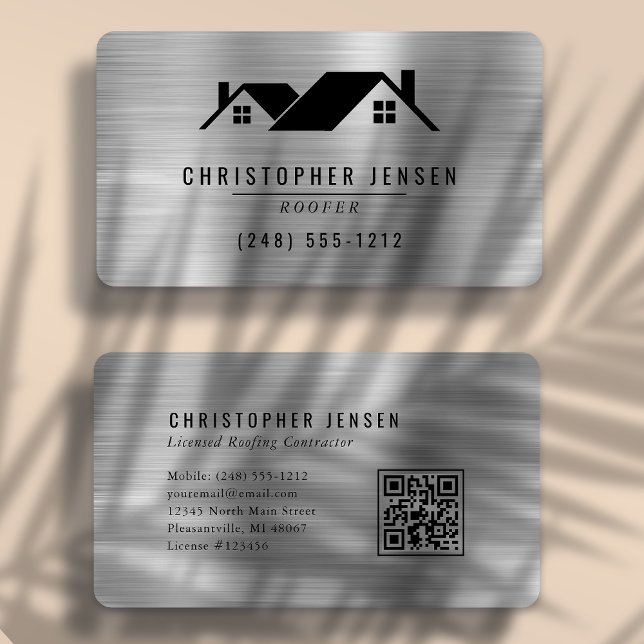 QR Code Roofing Black Silver Metallic Rounded Business Card (Creator Uploaded)