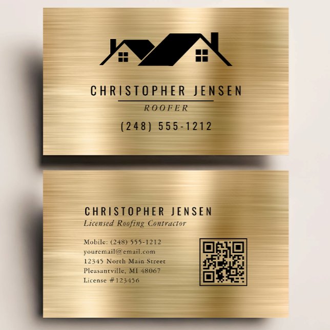 QR Code Roofing Business Black Gold Metallic Card (Creator Uploaded)