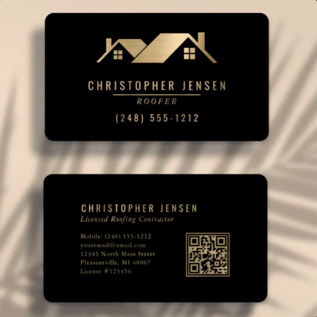 QR Code Roofing Business Black Gold Rounded Card (Creator Uploaded)