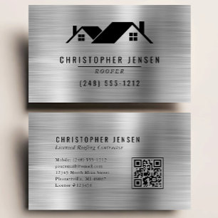 QR Code Roofing Business Black Silver Metallic Card