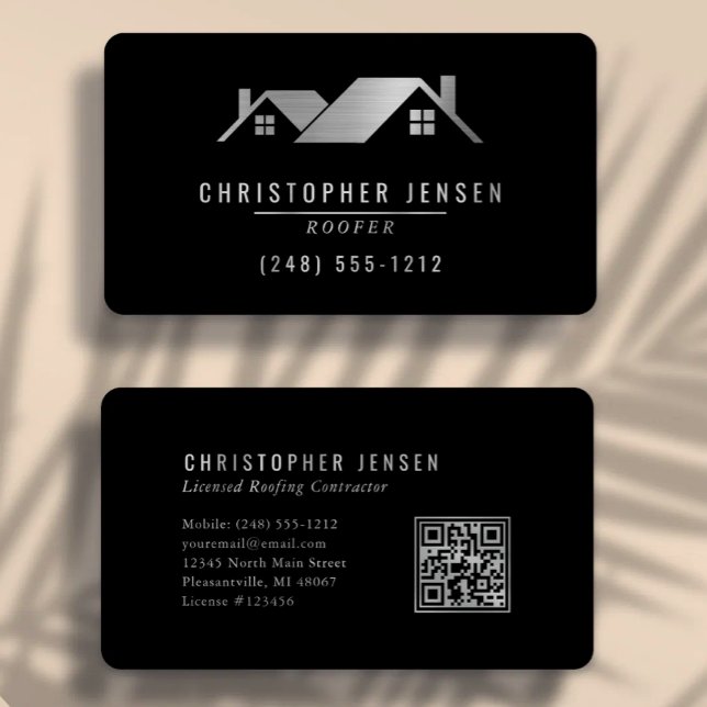 QR Code Roofing Business Black Silver Rounded Card (Creator Uploaded)