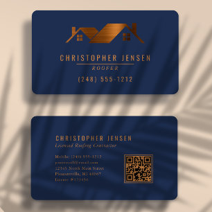 QR Code Roofing Business Navy Blue Copper Rounded Business Card