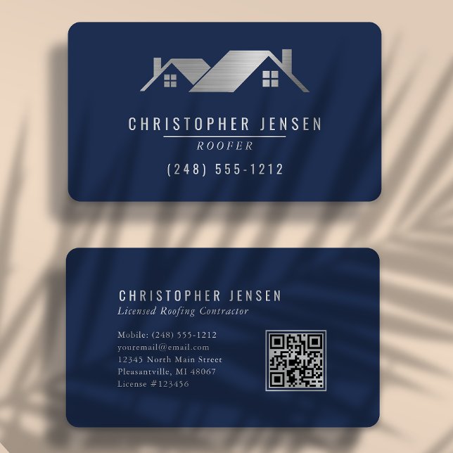 QR Code Roofing Business Navy Blue Silver Rounded Business Card (Creator Uploaded)